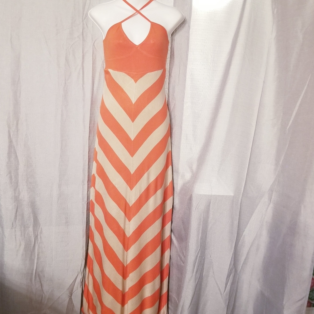 bebe Coral and Cream Chevron Halter Maxi Dress
